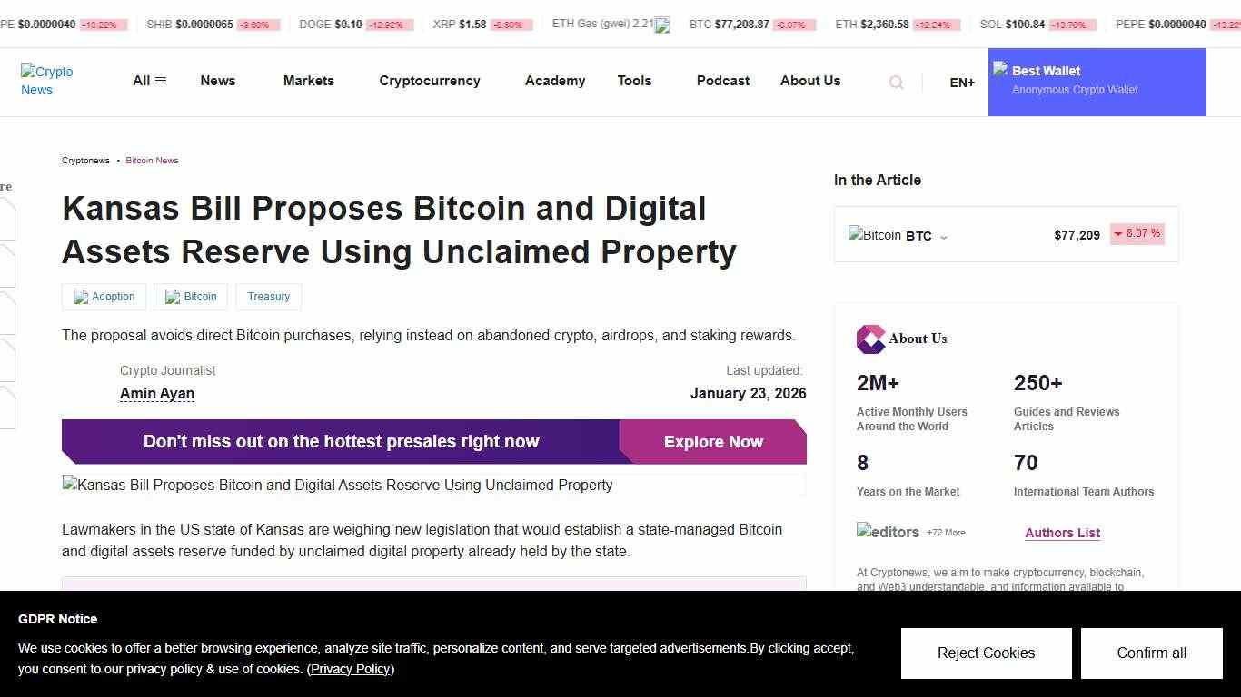 Kansas Bill Proposes Bitcoin and Digital Assets Reserve Using Unclaimed Property
